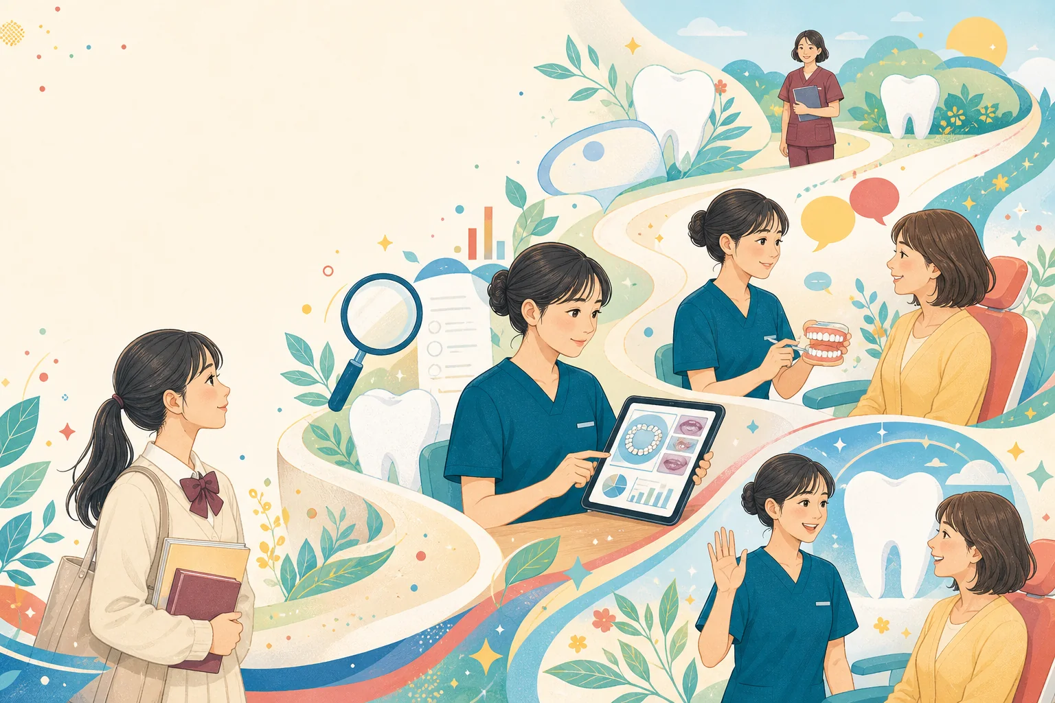 歯科衛生士として成長し、患者さんと向き合う未来を描いたイラスト